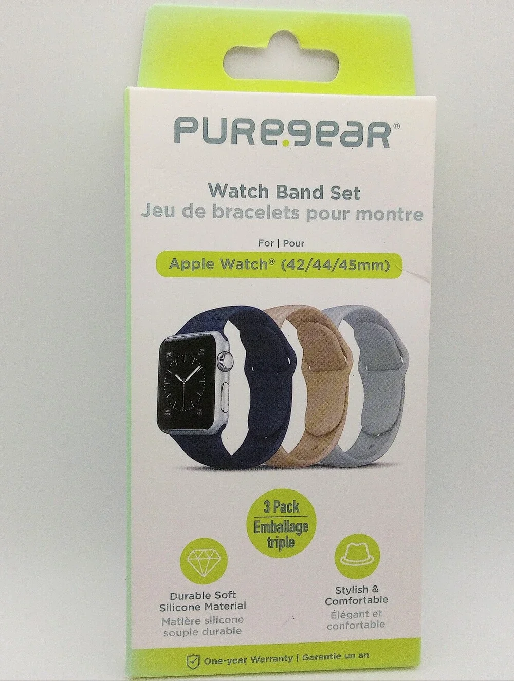 PureGear Soft‑Touch Apple Watch Band 3‑Pack (42/44/45mm)  Navy, Tan & Gray – NWT